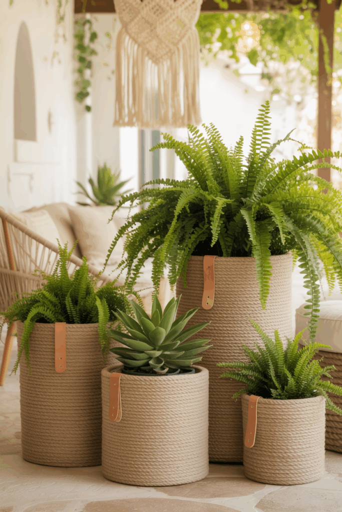 diy rope planters in a boho outdoor space